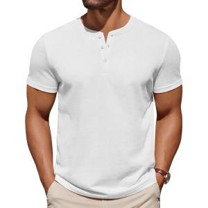 imageCOOFANDY Mens Cotton Henley TShirts Short Sleeve Button Casual Basic Tees Work Shirts with Split SideAll White