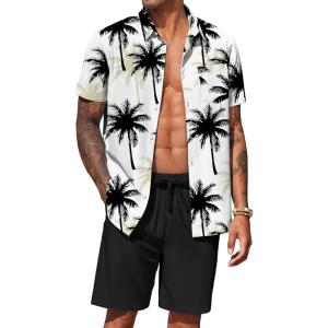 imageCOOFANDY Mens Hawaiian 2 Piece Outfits Summer Beach Matching Set Short Sleeve Floral Shirts and ShortsCoconut Tree White