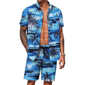 imageCOOFANDY Mens Hawaiian 2 Piece Outfits Summer Beach Matching Set Short Sleeve Floral Shirts and ShortsIsland Blue