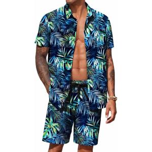 imageCOOFANDY Mens Hawaiian 2 Piece Outfits Summer Beach Matching Set Short Sleeve Floral Shirts and ShortsLeaf Green