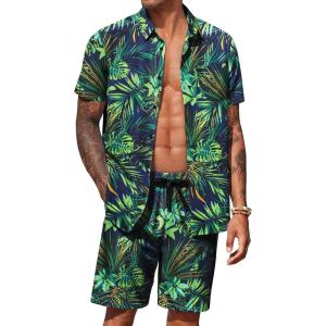 imageCOOFANDY Mens Hawaiian 2 Piece Outfits Summer Beach Matching Set Short Sleeve Floral Shirts and ShortsLeaf Green Black