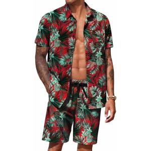 imageCOOFANDY Mens Hawaiian 2 Piece Outfits Summer Beach Matching Set Short Sleeve Floral Shirts and ShortsLeaf Green Red