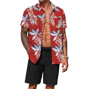 imageCOOFANDY Mens Hawaiian 2 Piece Outfits Summer Beach Matching Set Short Sleeve Floral Shirts and ShortsLeaf Red