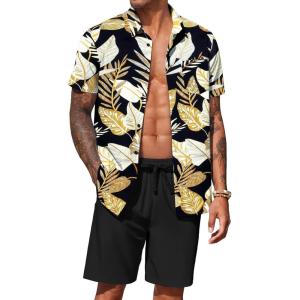 imageCOOFANDY Mens Hawaiian 2 Piece Outfits Summer Beach Matching Set Short Sleeve Floral Shirts and ShortsPalm Leaf Black