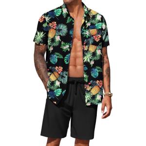 imageCOOFANDY Mens Hawaiian 2 Piece Outfits Summer Beach Matching Set Short Sleeve Floral Shirts and ShortsPineapple Leaf Black
