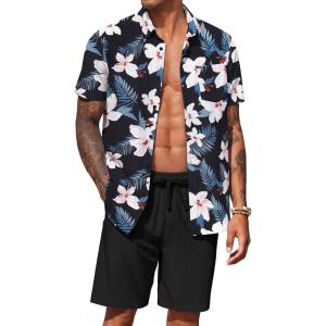 imageCOOFANDY Mens Hawaiian 2 Piece Outfits Summer Beach Matching Set Short Sleeve Floral Shirts and ShortsWhite Floral Navy