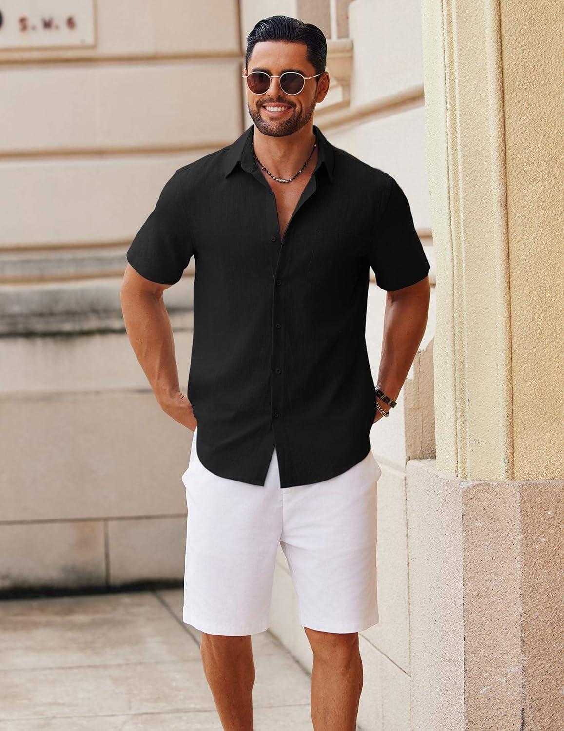 imageCOOFANDY Mens Button Down Short Sleeve Shirt Casual Cotton Summer Beach Wedding Shirts with PocketBlack