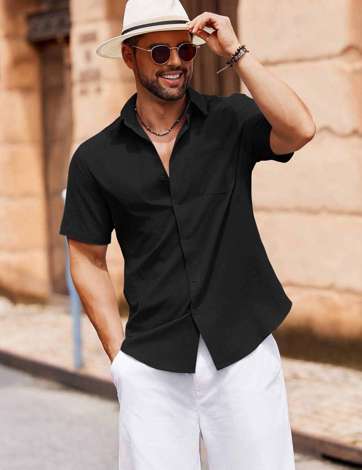 imageCOOFANDY Mens Button Down Short Sleeve Shirt Casual Cotton Summer Beach Wedding Shirts with PocketBlack