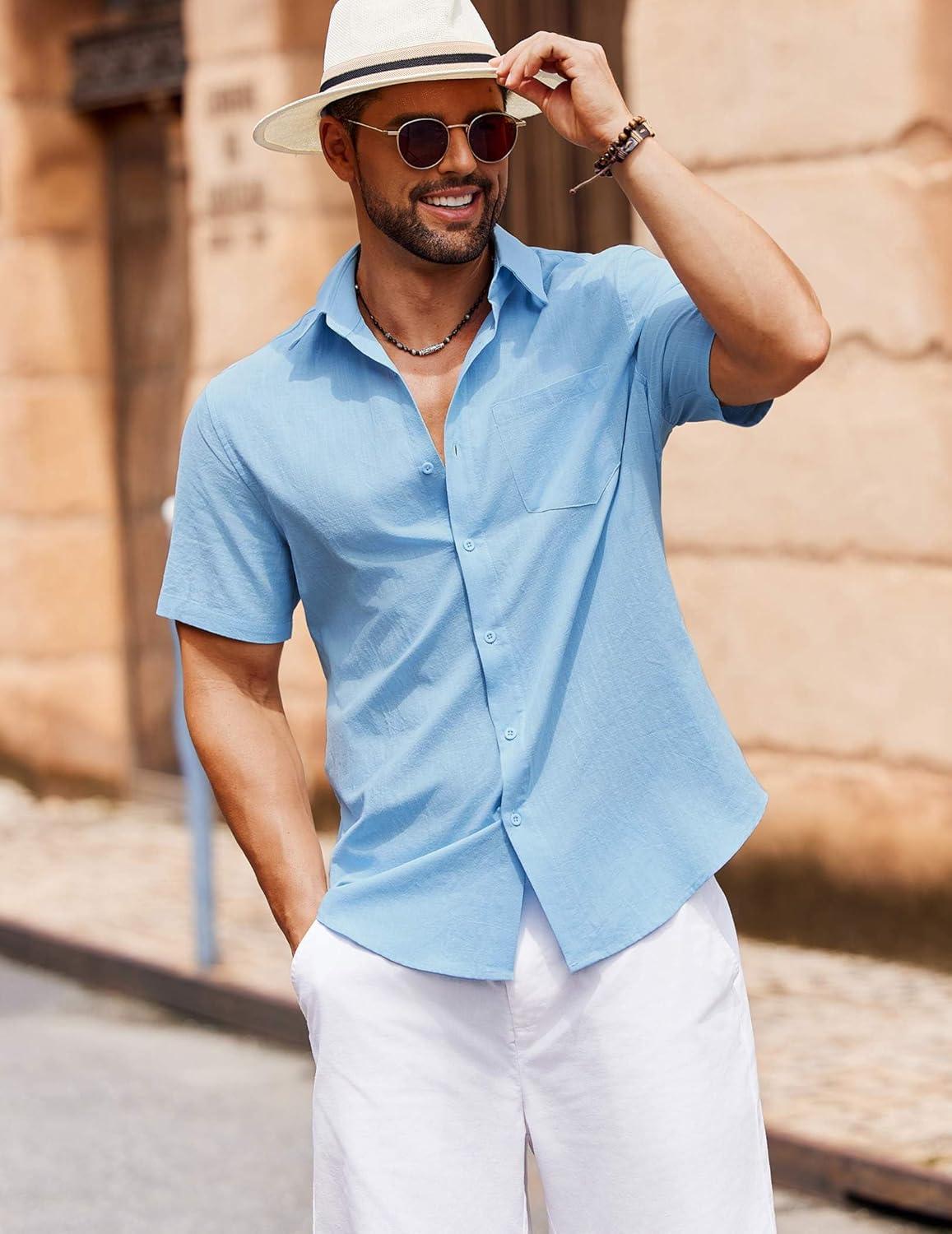 imageCOOFANDY Mens Button Down Short Sleeve Shirt Casual Cotton Summer Beach Wedding Shirts with PocketClear Blue