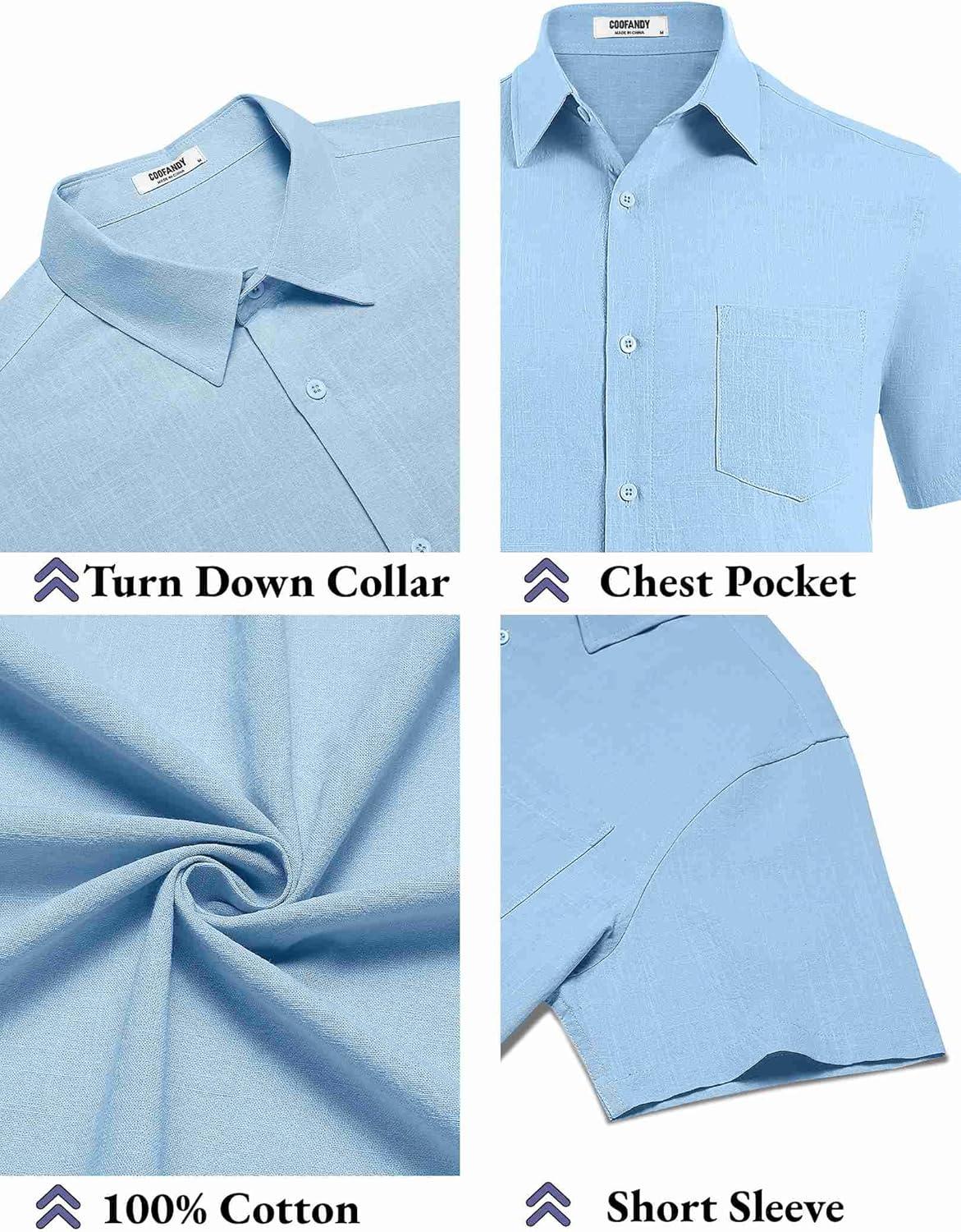 imageCOOFANDY Mens Button Down Short Sleeve Shirt Casual Cotton Summer Beach Wedding Shirts with PocketClear Blue