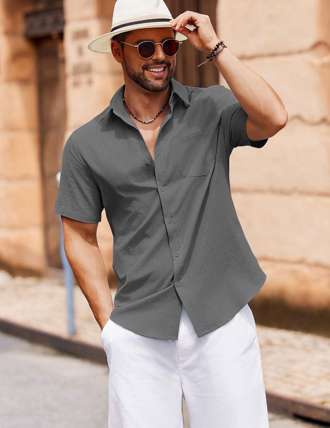 imageCOOFANDY Mens Button Down Short Sleeve Shirt Casual Cotton Summer Beach Wedding Shirts with PocketDark Grey