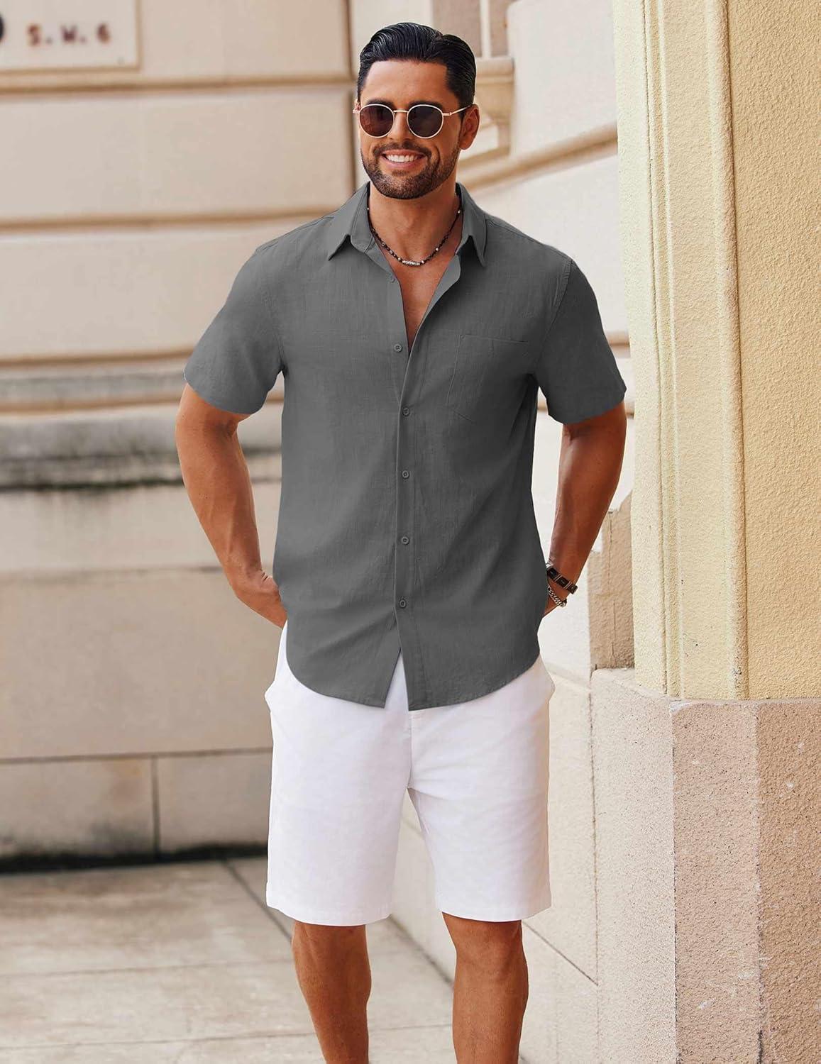 imageCOOFANDY Mens Button Down Short Sleeve Shirt Casual Cotton Summer Beach Wedding Shirts with PocketDark Grey
