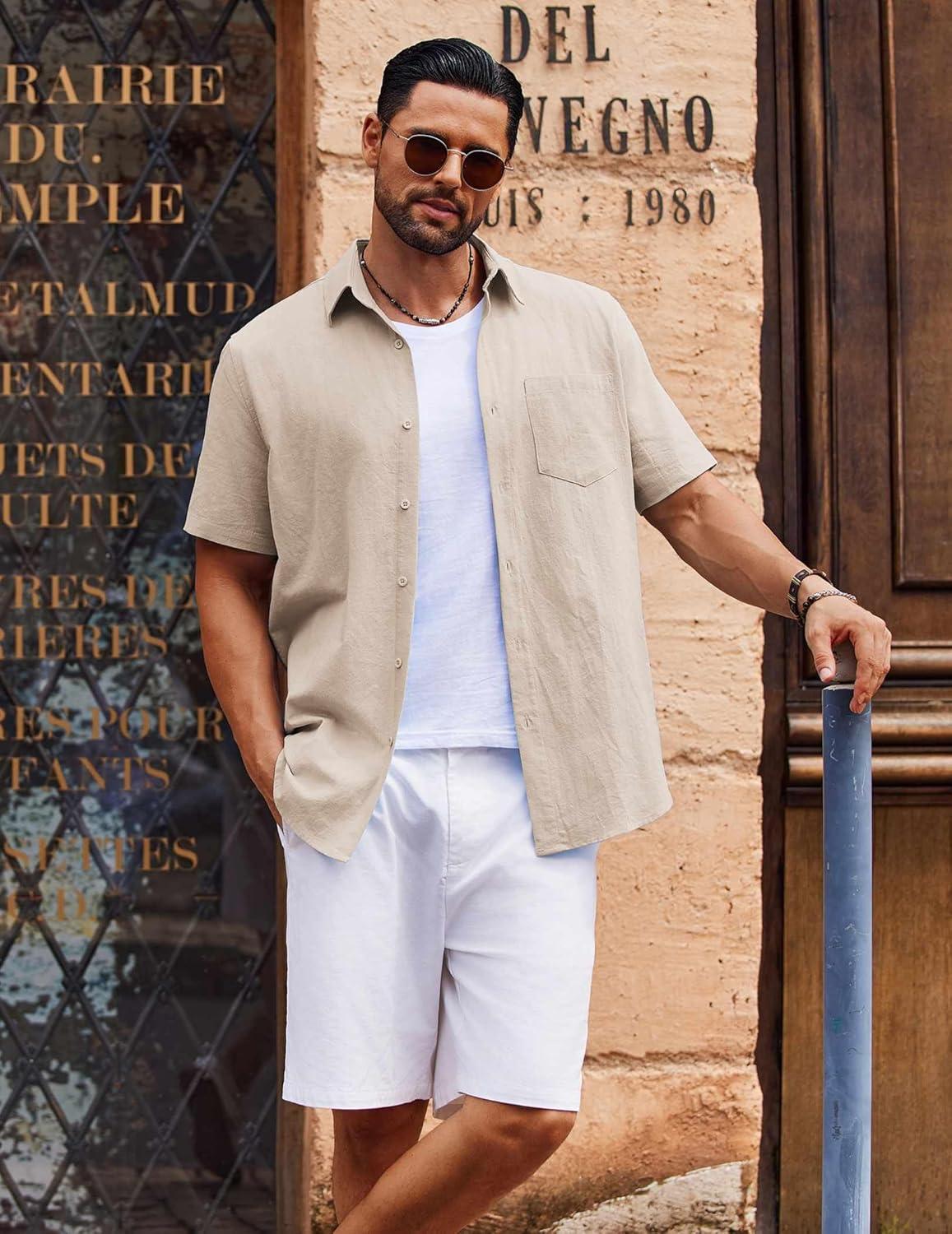 imageCOOFANDY Mens Button Down Short Sleeve Shirt Casual Cotton Summer Beach Wedding Shirts with PocketKhaki