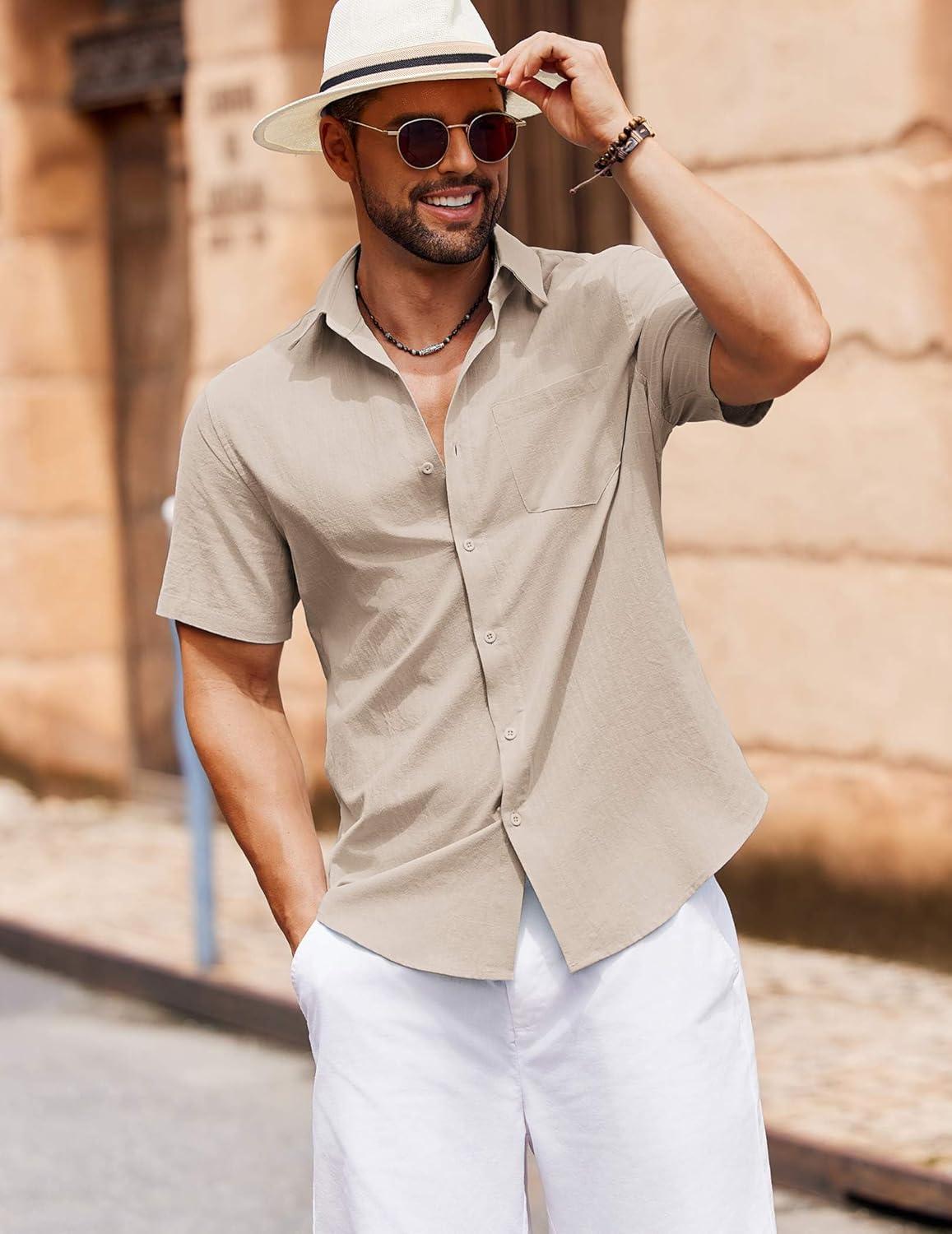 imageCOOFANDY Mens Button Down Short Sleeve Shirt Casual Cotton Summer Beach Wedding Shirts with PocketKhaki