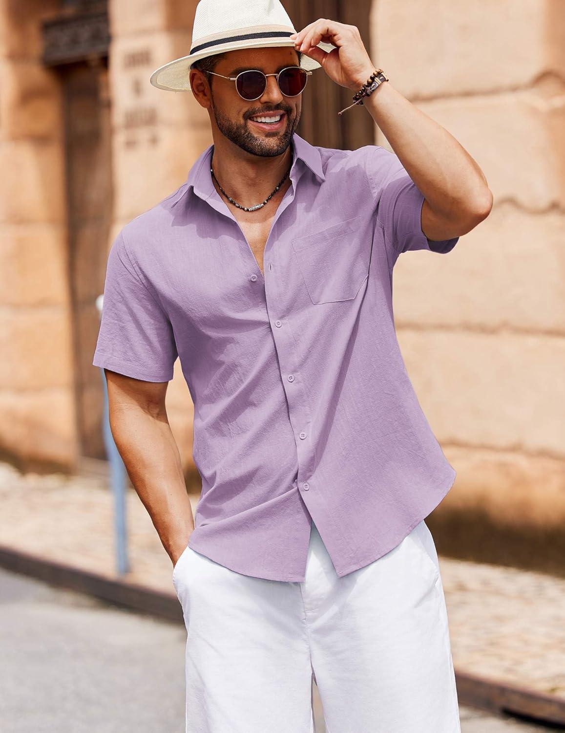 imageCOOFANDY Mens Button Down Short Sleeve Shirt Casual Cotton Summer Beach Wedding Shirts with PocketLavender