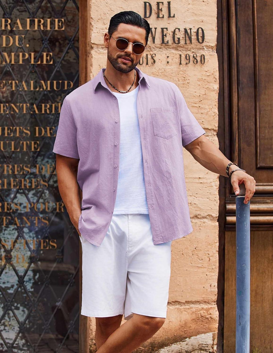 imageCOOFANDY Mens Button Down Short Sleeve Shirt Casual Cotton Summer Beach Wedding Shirts with PocketLavender