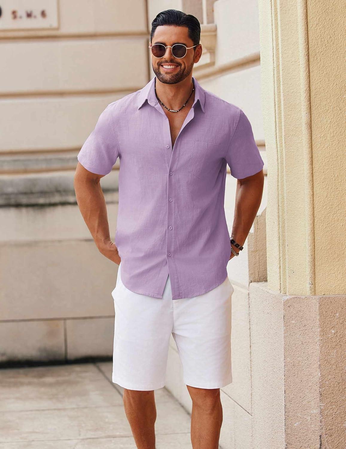 imageCOOFANDY Mens Button Down Short Sleeve Shirt Casual Cotton Summer Beach Wedding Shirts with PocketLavender