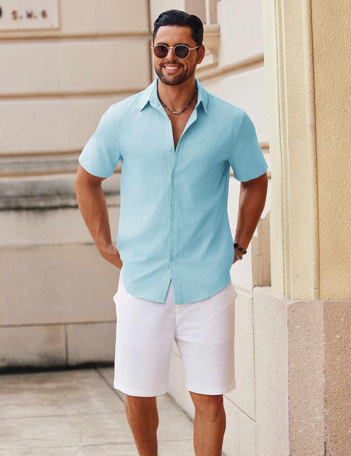 imageCOOFANDY Mens Button Down Short Sleeve Shirt Casual Cotton Summer Beach Wedding Shirts with PocketLight Blue