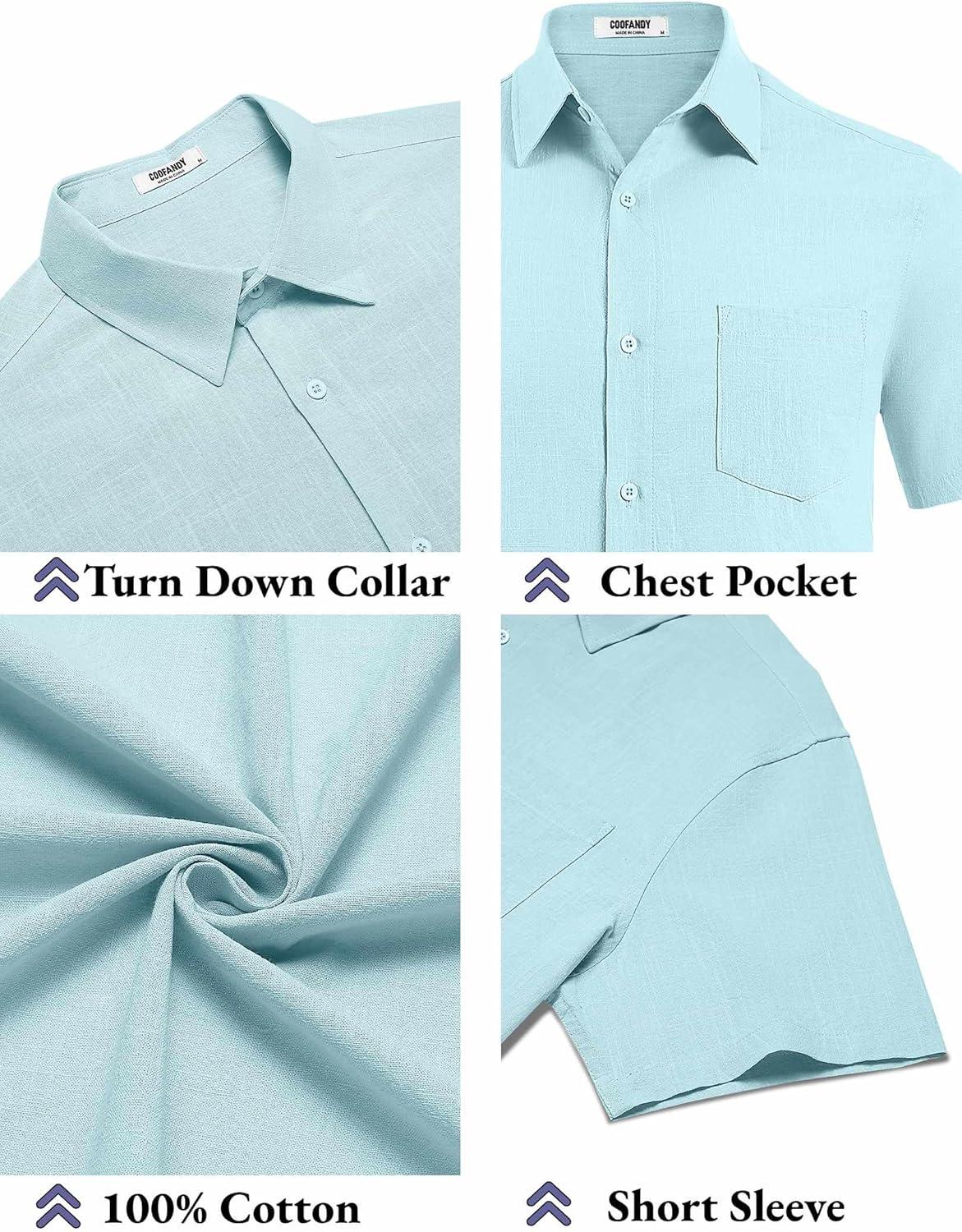 imageCOOFANDY Mens Button Down Short Sleeve Shirt Casual Cotton Summer Beach Wedding Shirts with PocketLight Blue