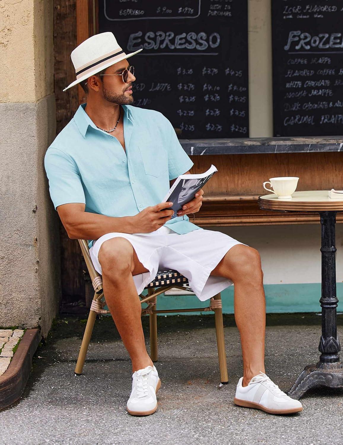 imageCOOFANDY Mens Button Down Short Sleeve Shirt Casual Cotton Summer Beach Wedding Shirts with PocketLight Blue