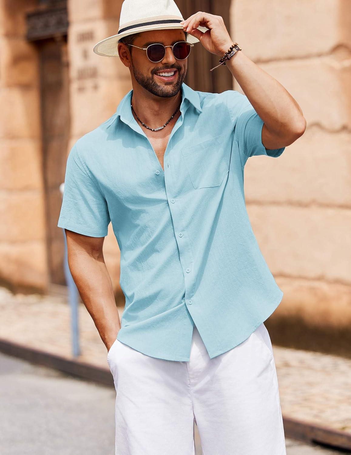 imageCOOFANDY Mens Button Down Short Sleeve Shirt Casual Cotton Summer Beach Wedding Shirts with PocketLight Blue