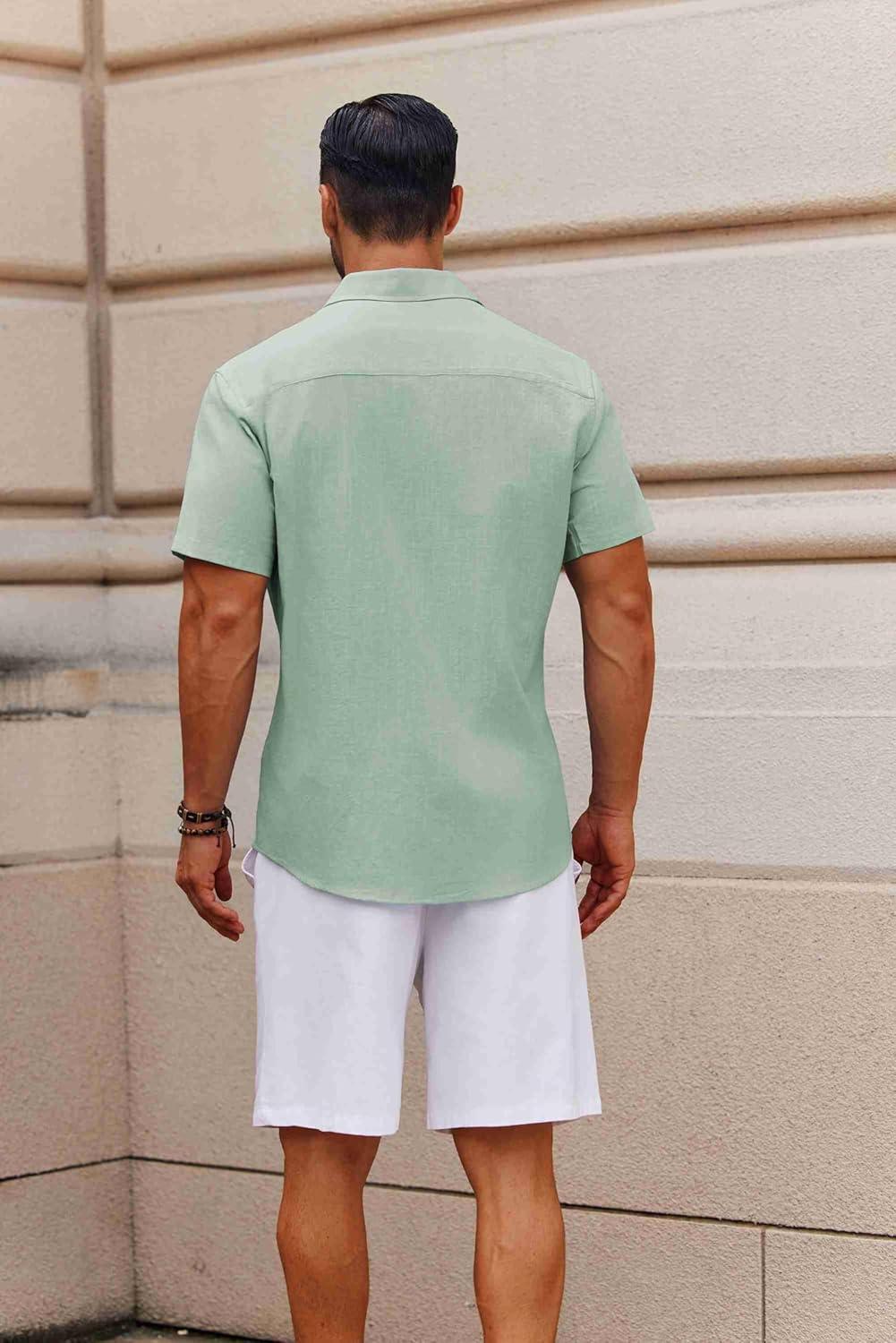 imageCOOFANDY Mens Button Down Short Sleeve Shirt Casual Cotton Summer Beach Wedding Shirts with PocketLight Green