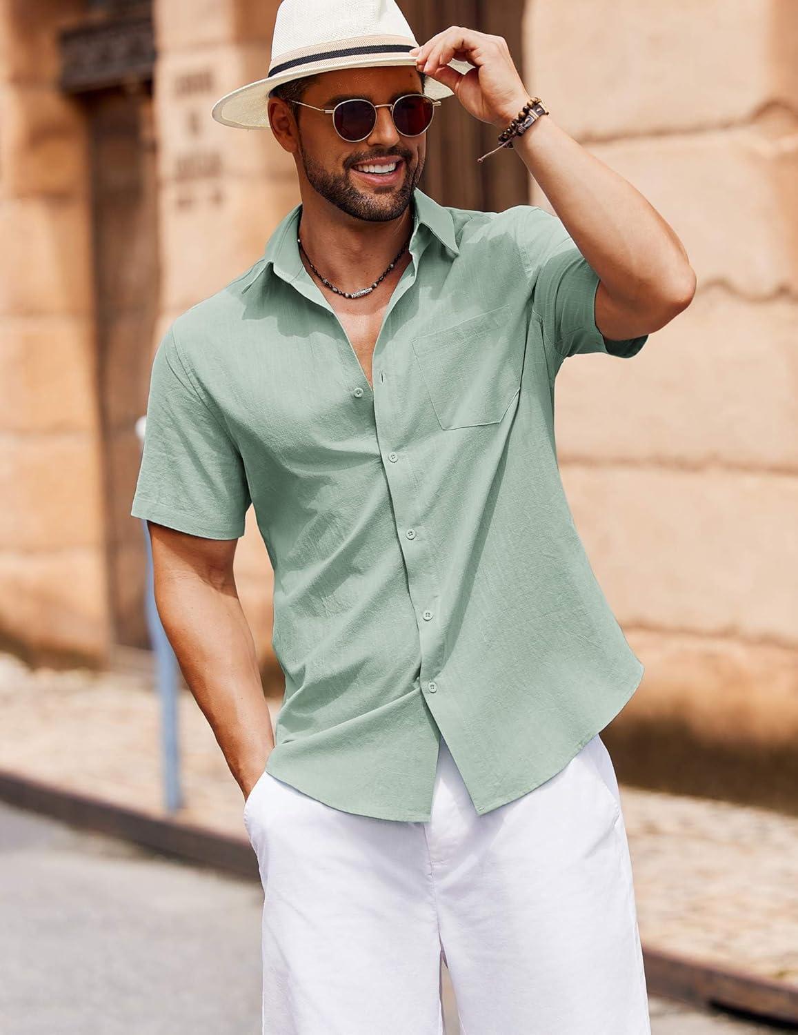imageCOOFANDY Mens Button Down Short Sleeve Shirt Casual Cotton Summer Beach Wedding Shirts with PocketLight Green