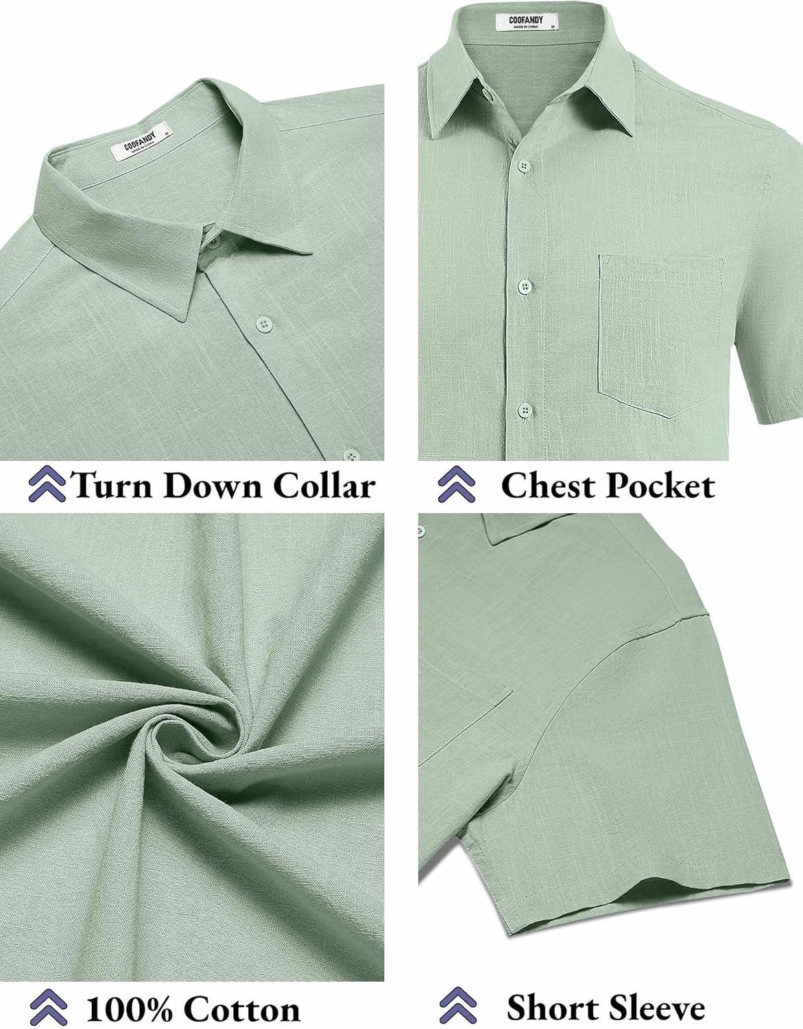 imageCOOFANDY Mens Button Down Short Sleeve Shirt Casual Cotton Summer Beach Wedding Shirts with PocketLight Green