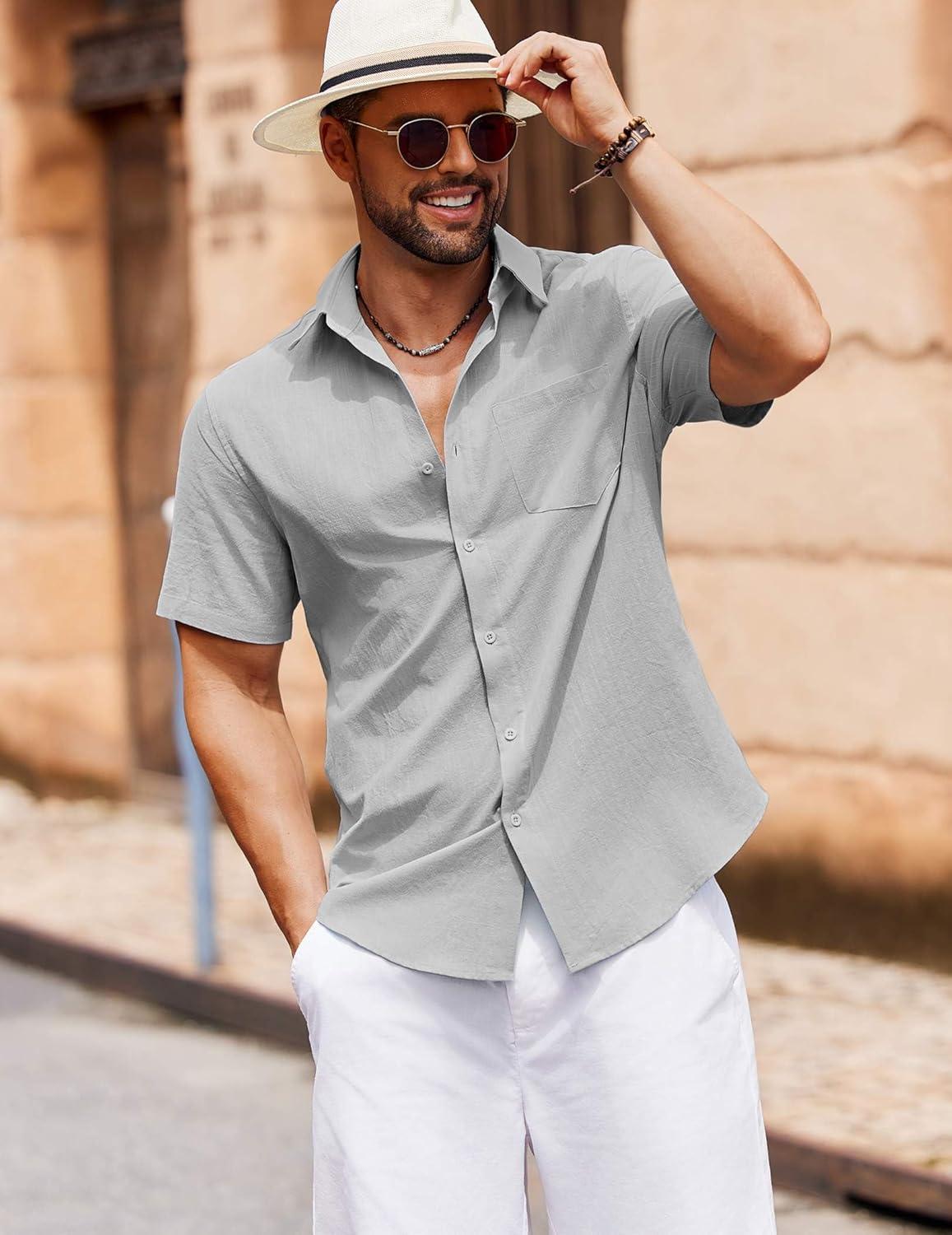 imageCOOFANDY Mens Button Down Short Sleeve Shirt Casual Cotton Summer Beach Wedding Shirts with PocketLight Grey