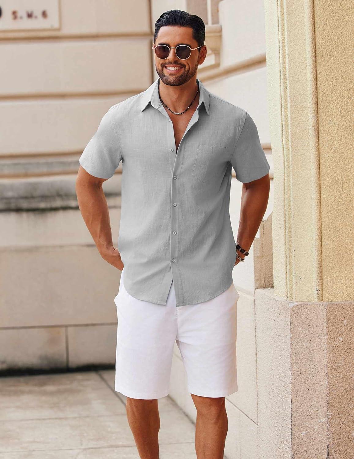 imageCOOFANDY Mens Button Down Short Sleeve Shirt Casual Cotton Summer Beach Wedding Shirts with PocketLight Grey