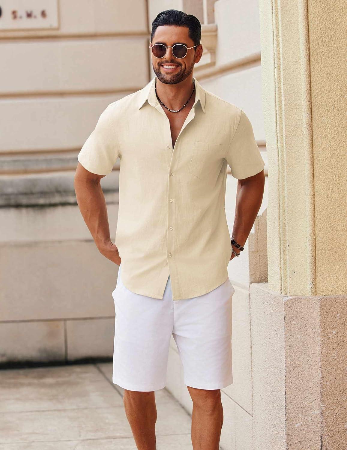 imageCOOFANDY Mens Button Down Short Sleeve Shirt Casual Cotton Summer Beach Wedding Shirts with PocketLight Khaki