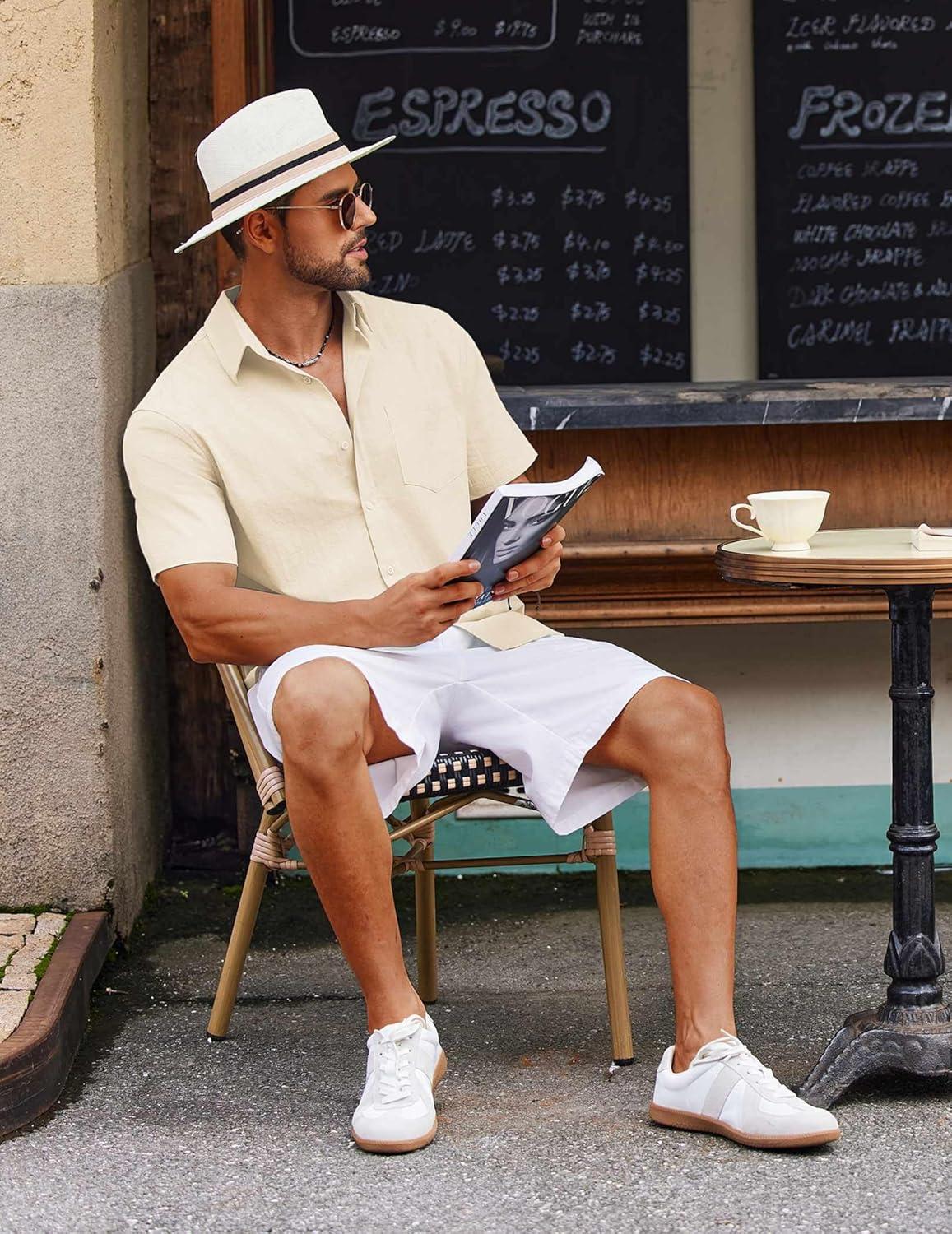 imageCOOFANDY Mens Button Down Short Sleeve Shirt Casual Cotton Summer Beach Wedding Shirts with PocketLight Khaki