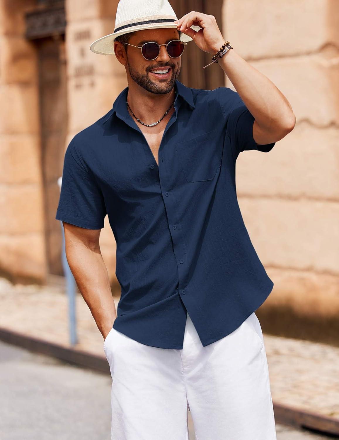 imageCOOFANDY Mens Button Down Short Sleeve Shirt Casual Cotton Summer Beach Wedding Shirts with PocketNavy Blue