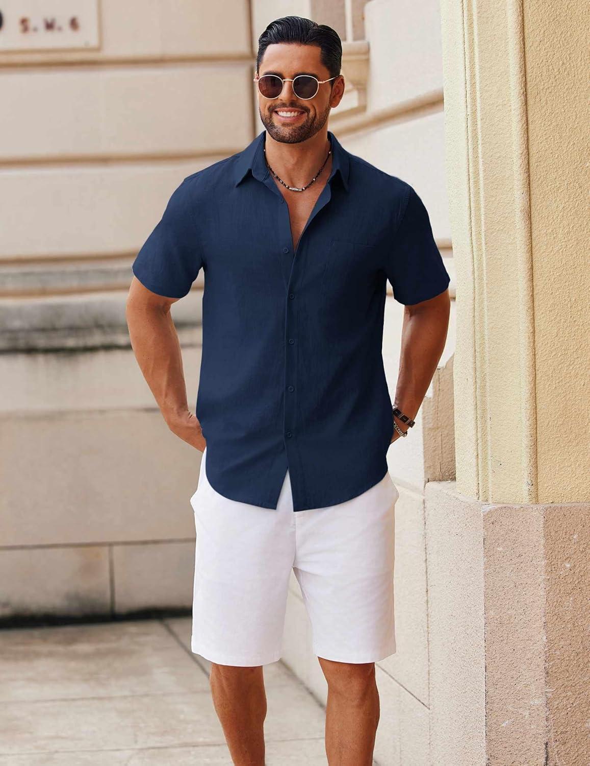 imageCOOFANDY Mens Button Down Short Sleeve Shirt Casual Cotton Summer Beach Wedding Shirts with PocketNavy Blue