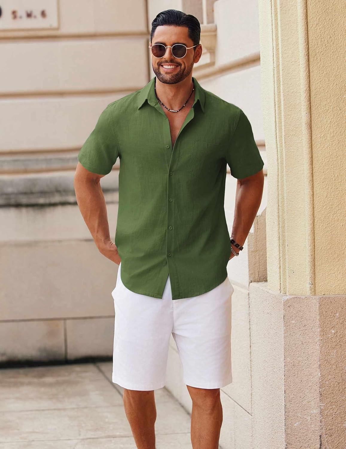 imageCOOFANDY Mens Button Down Short Sleeve Shirt Casual Cotton Summer Beach Wedding Shirts with PocketOlive Green
