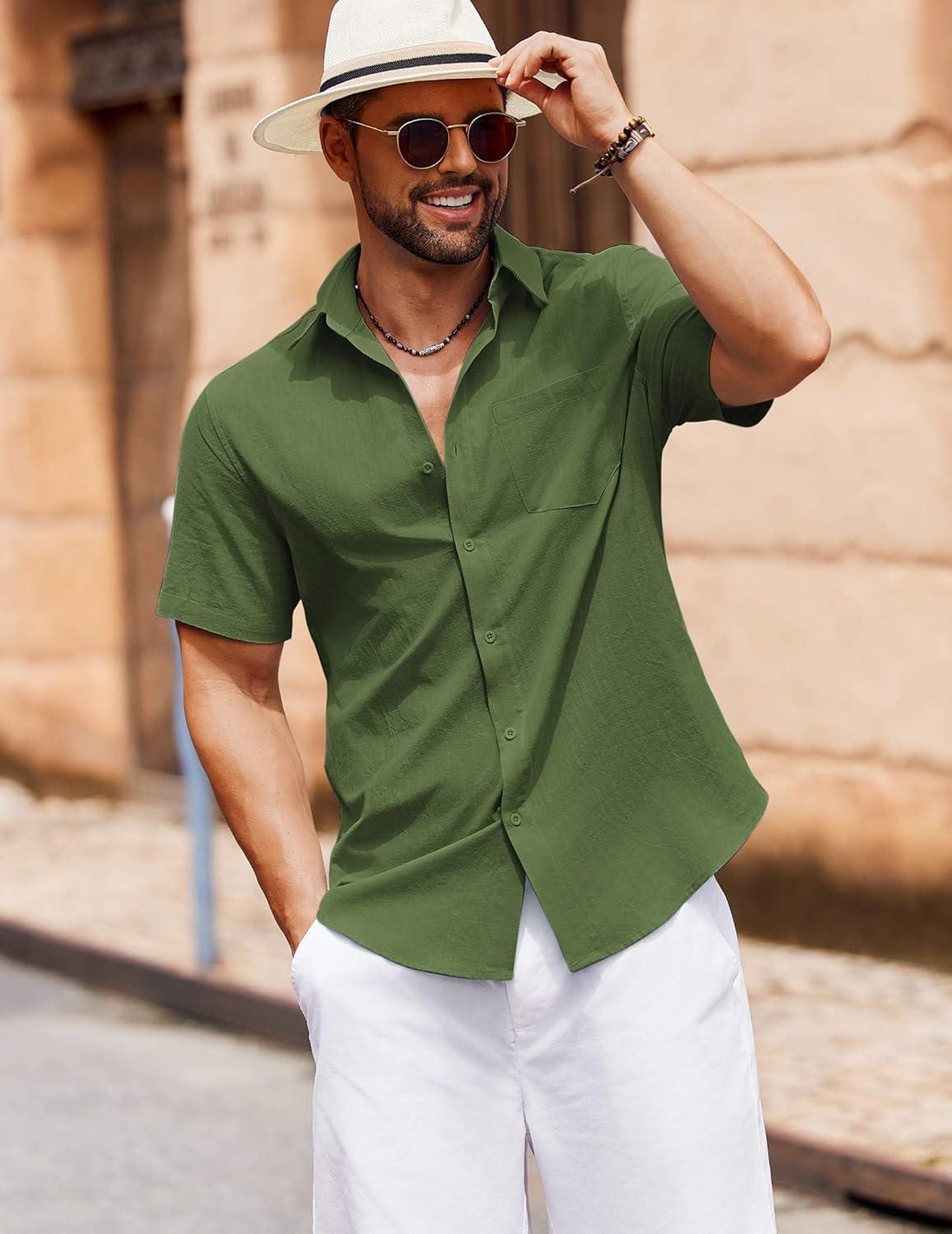 imageCOOFANDY Mens Button Down Short Sleeve Shirt Casual Cotton Summer Beach Wedding Shirts with PocketOlive Green