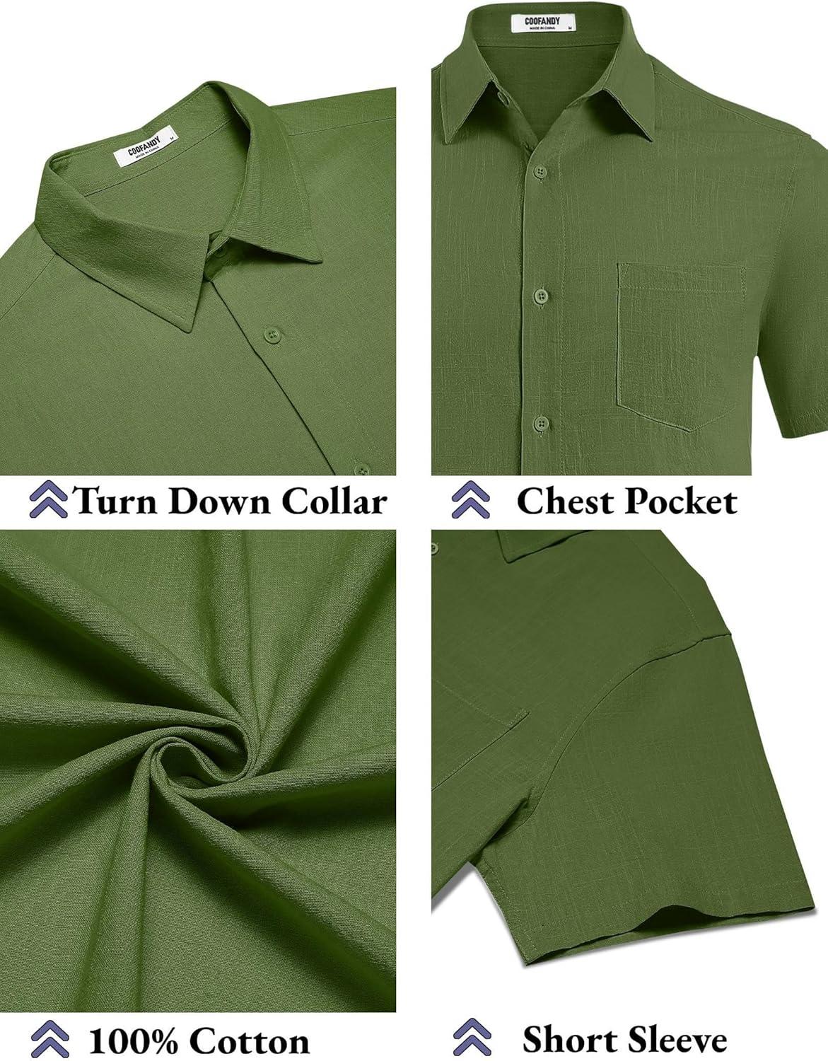 imageCOOFANDY Mens Button Down Short Sleeve Shirt Casual Cotton Summer Beach Wedding Shirts with PocketOlive Green