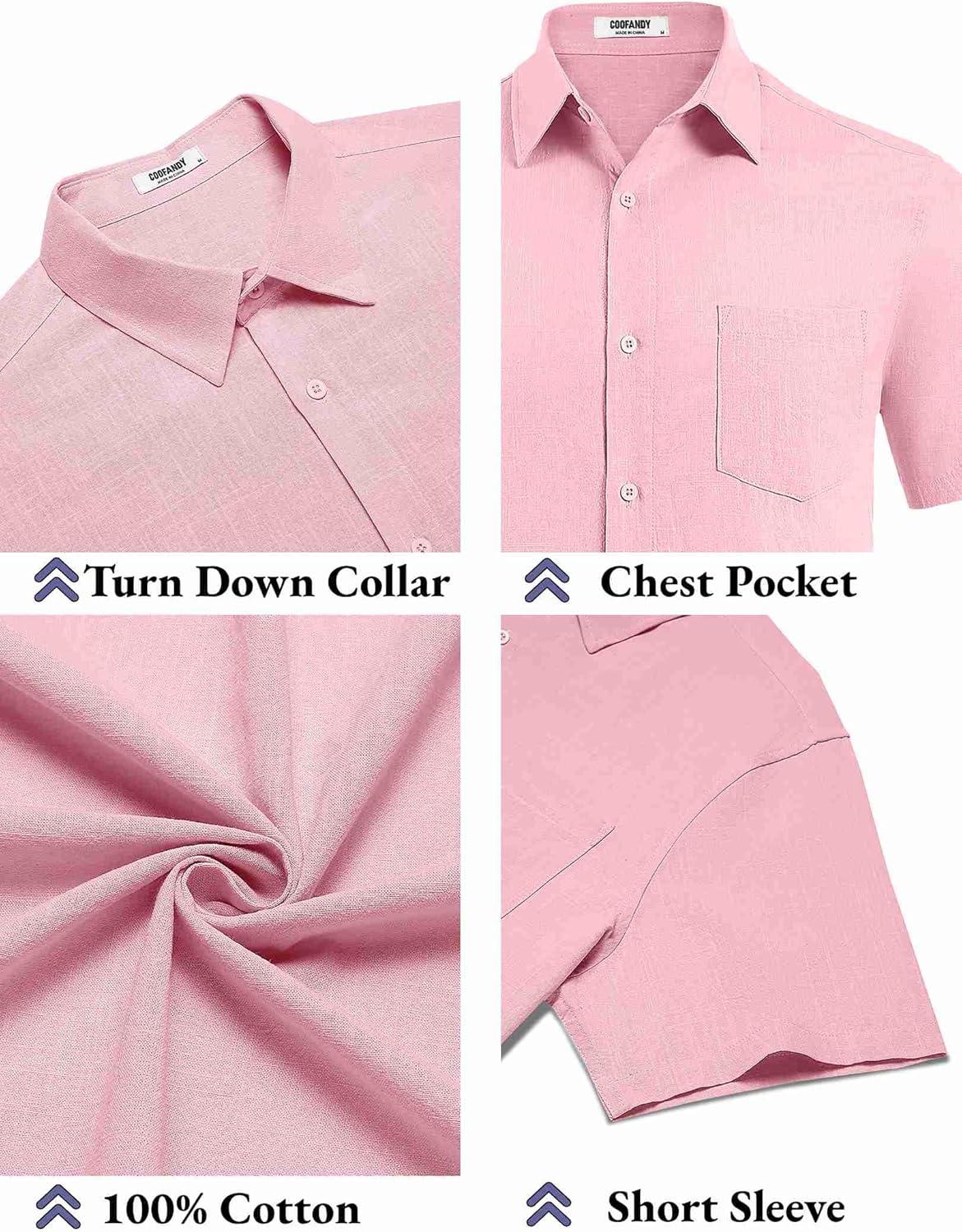imageCOOFANDY Mens Button Down Short Sleeve Shirt Casual Cotton Summer Beach Wedding Shirts with PocketPink