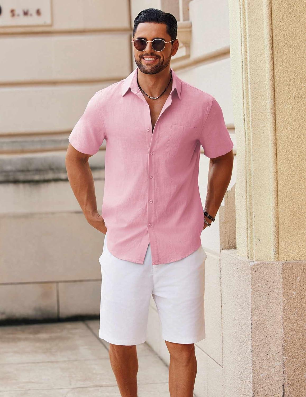 imageCOOFANDY Mens Button Down Short Sleeve Shirt Casual Cotton Summer Beach Wedding Shirts with PocketPink