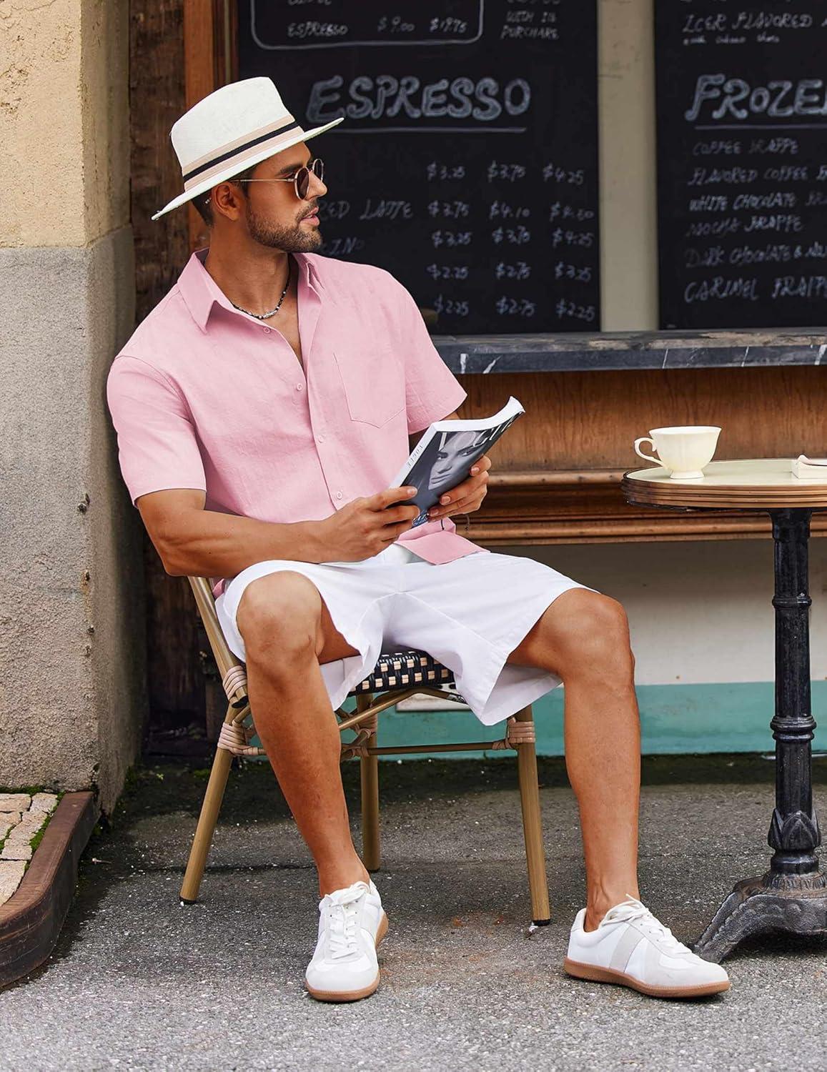 imageCOOFANDY Mens Button Down Short Sleeve Shirt Casual Cotton Summer Beach Wedding Shirts with PocketPink