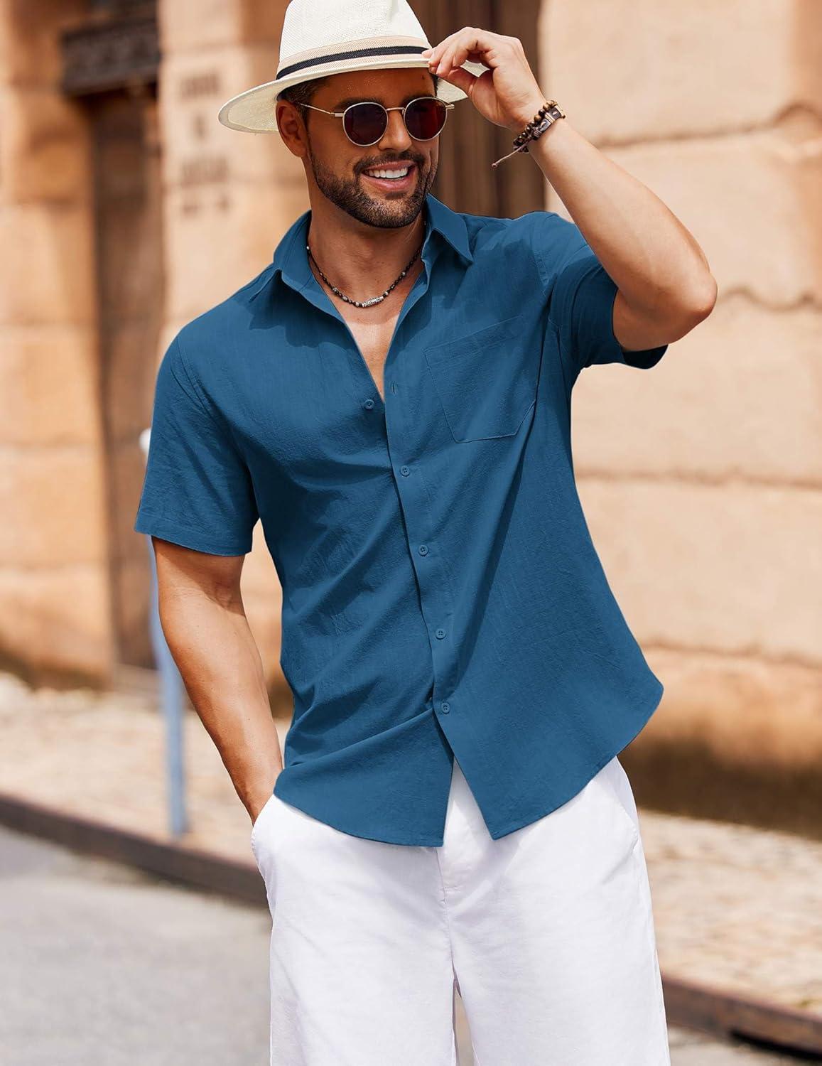 imageCOOFANDY Mens Button Down Short Sleeve Shirt Casual Cotton Summer Beach Wedding Shirts with PocketSea Blue