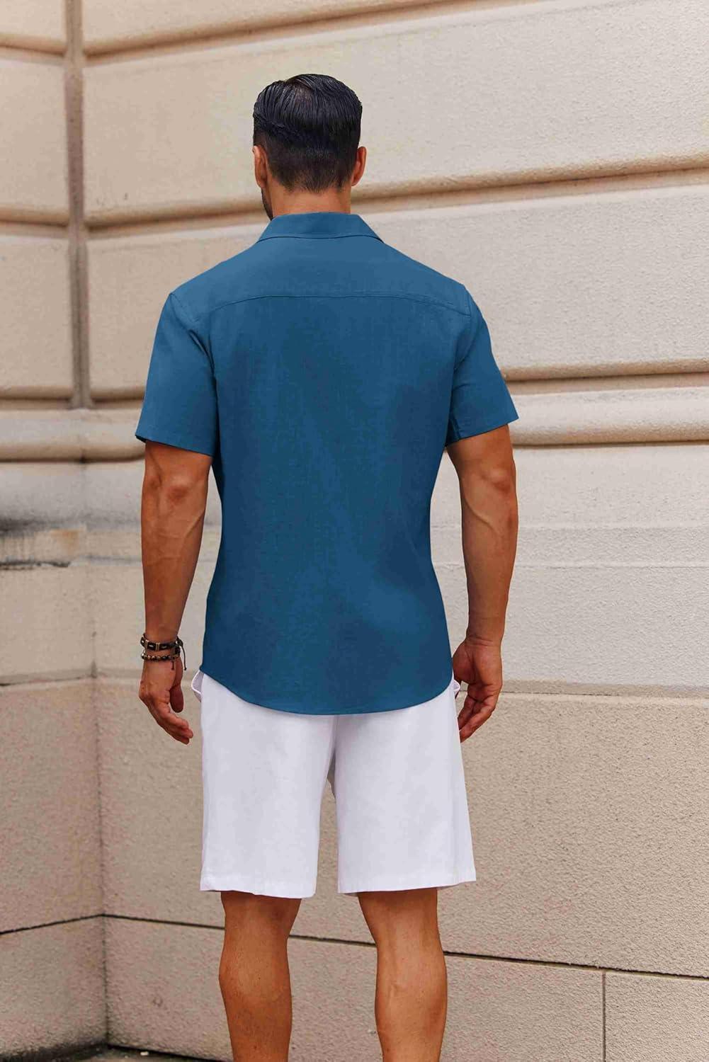 imageCOOFANDY Mens Button Down Short Sleeve Shirt Casual Cotton Summer Beach Wedding Shirts with PocketSea Blue