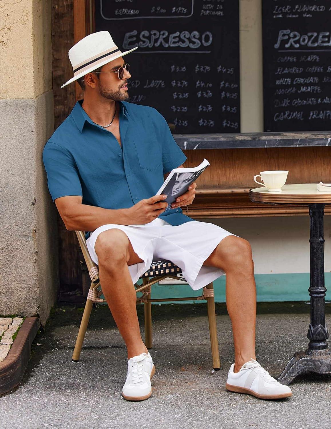 imageCOOFANDY Mens Button Down Short Sleeve Shirt Casual Cotton Summer Beach Wedding Shirts with PocketSea Blue