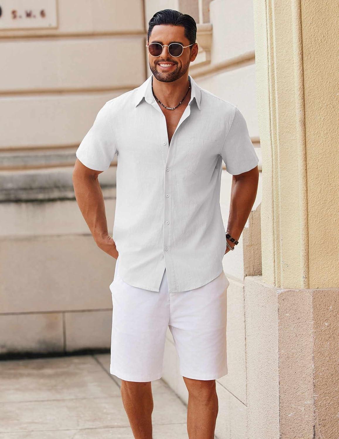 imageCOOFANDY Mens Button Down Short Sleeve Shirt Casual Cotton Summer Beach Wedding Shirts with PocketWhite