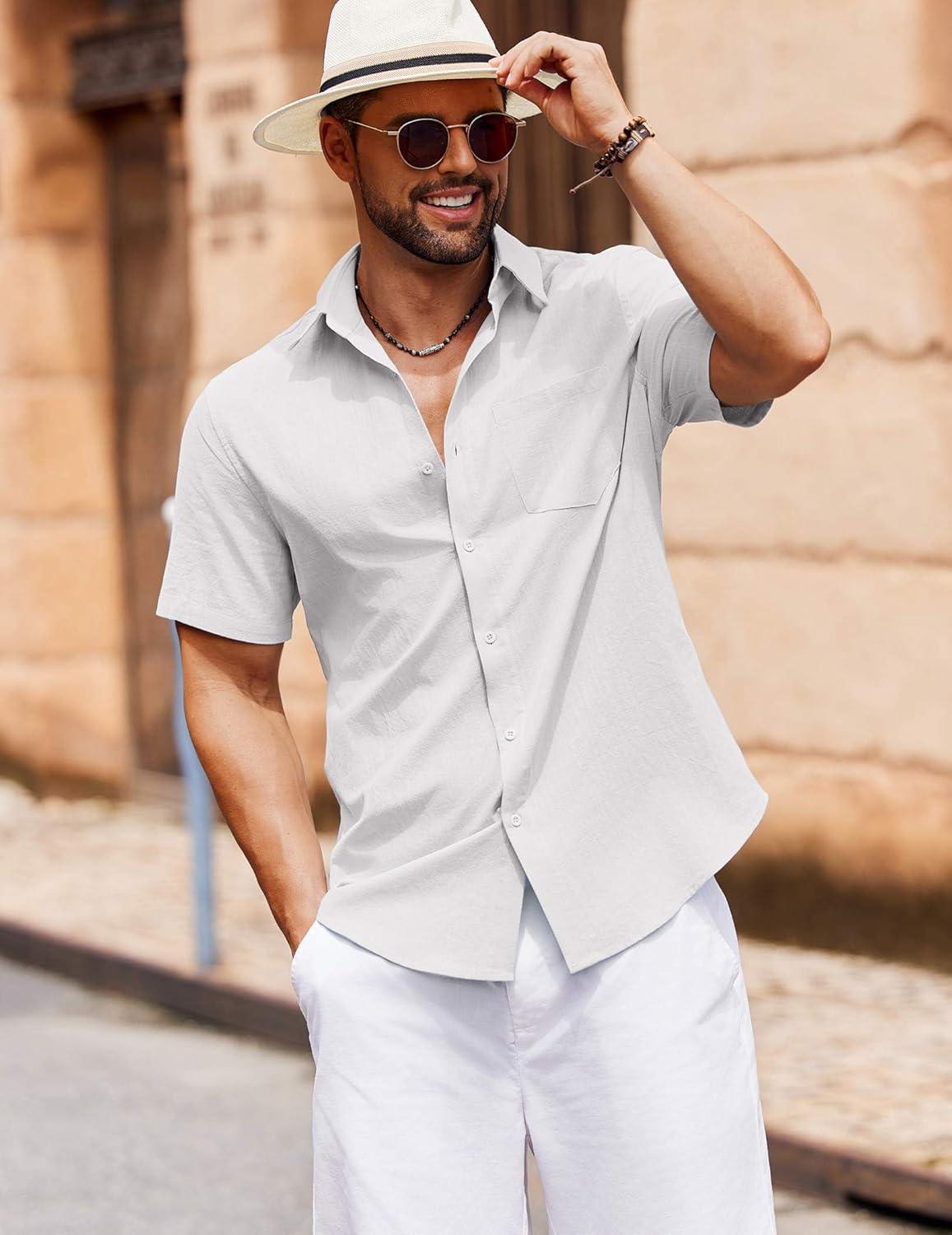 imageCOOFANDY Mens Button Down Short Sleeve Shirt Casual Cotton Summer Beach Wedding Shirts with PocketWhite