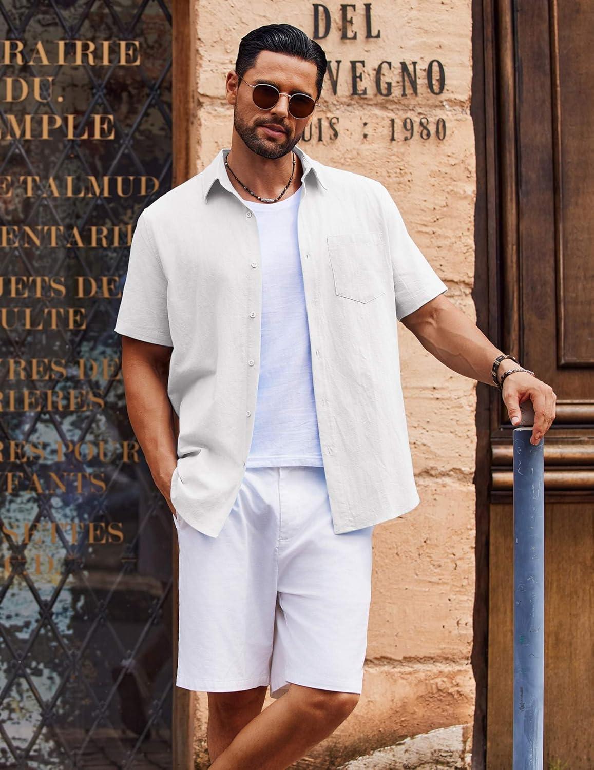 imageCOOFANDY Mens Button Down Short Sleeve Shirt Casual Cotton Summer Beach Wedding Shirts with PocketWhite