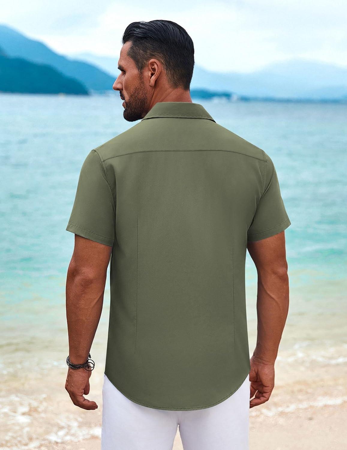 imageCOOFANDY Mens Cuban Guayabera Shirt Short Sleeve Button Down Shirts Summer Beach Vacation ShirtsArmy Green