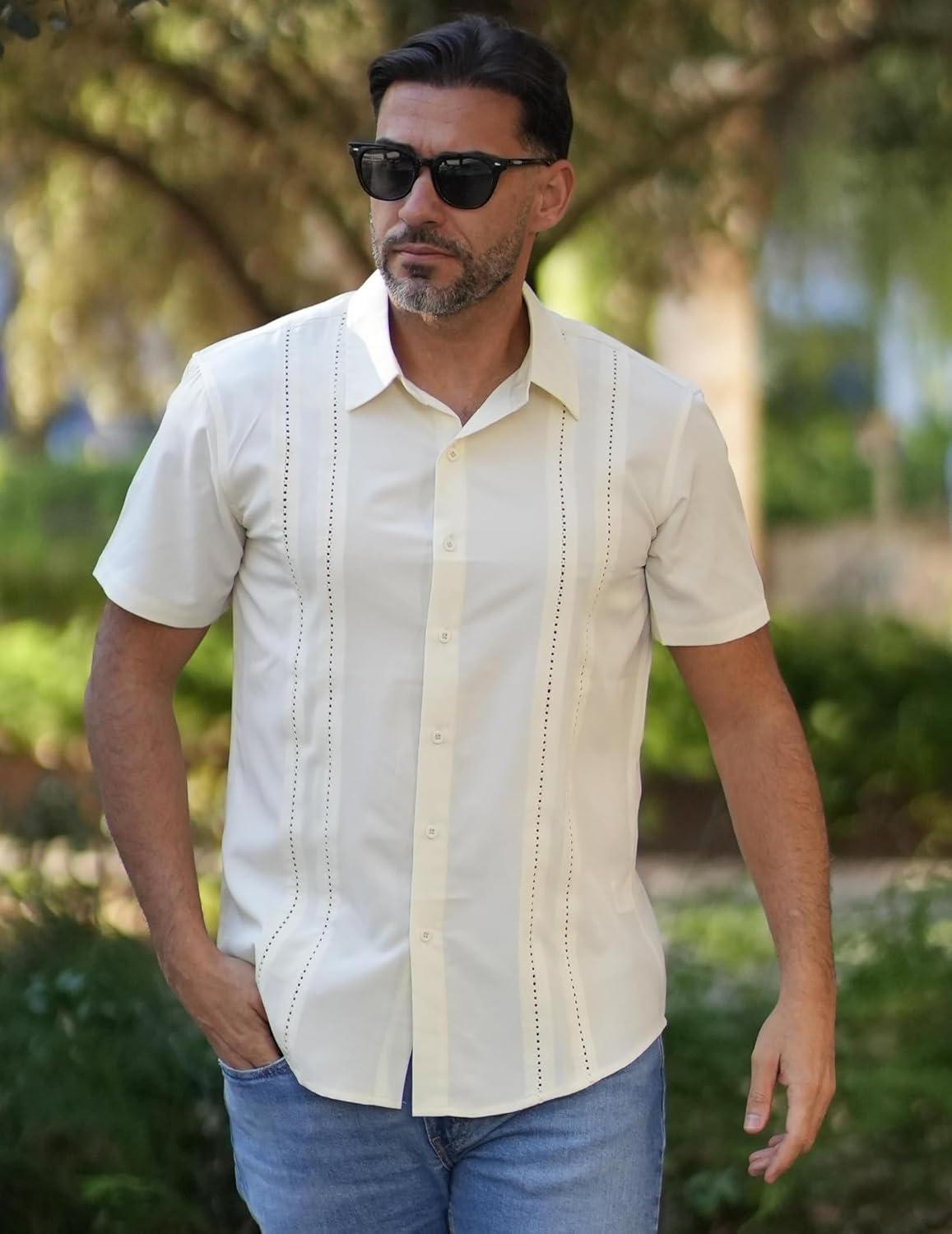 imageCOOFANDY Mens Cuban Guayabera Shirt Short Sleeve Button Down Shirts Summer Beach Vacation ShirtsBeige