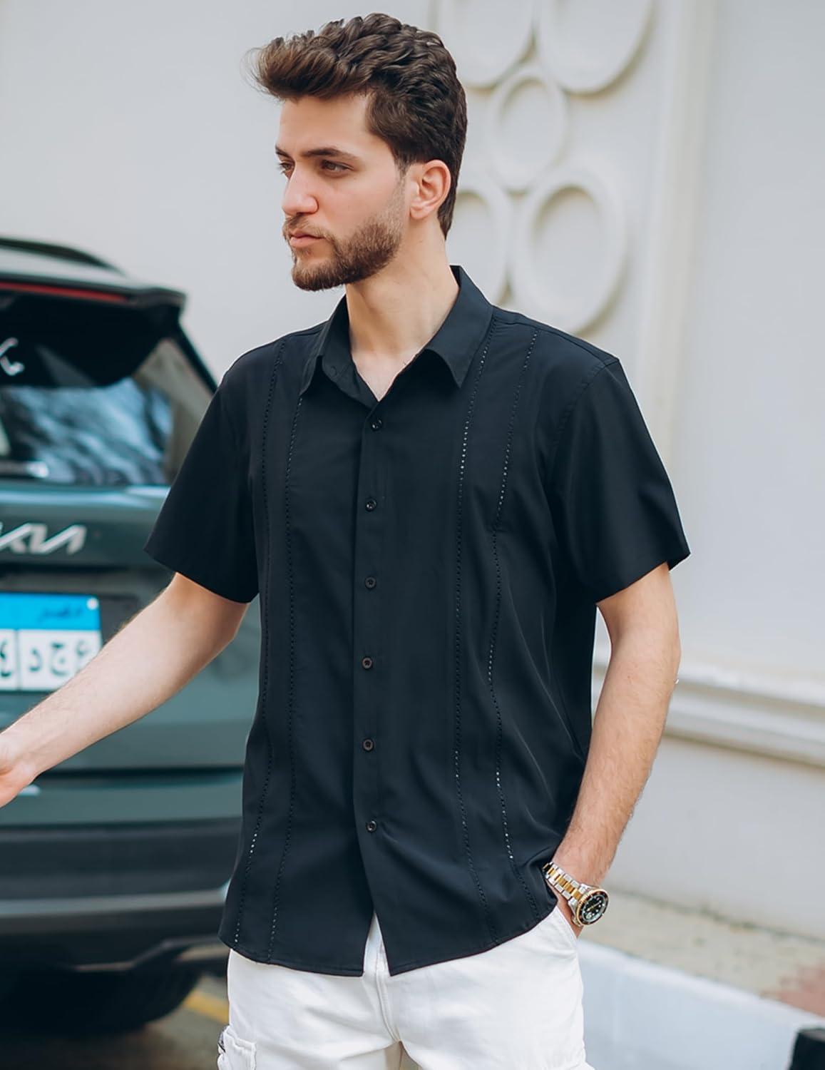 imageCOOFANDY Mens Cuban Guayabera Shirt Short Sleeve Button Down Shirts Summer Beach Vacation ShirtsBlack