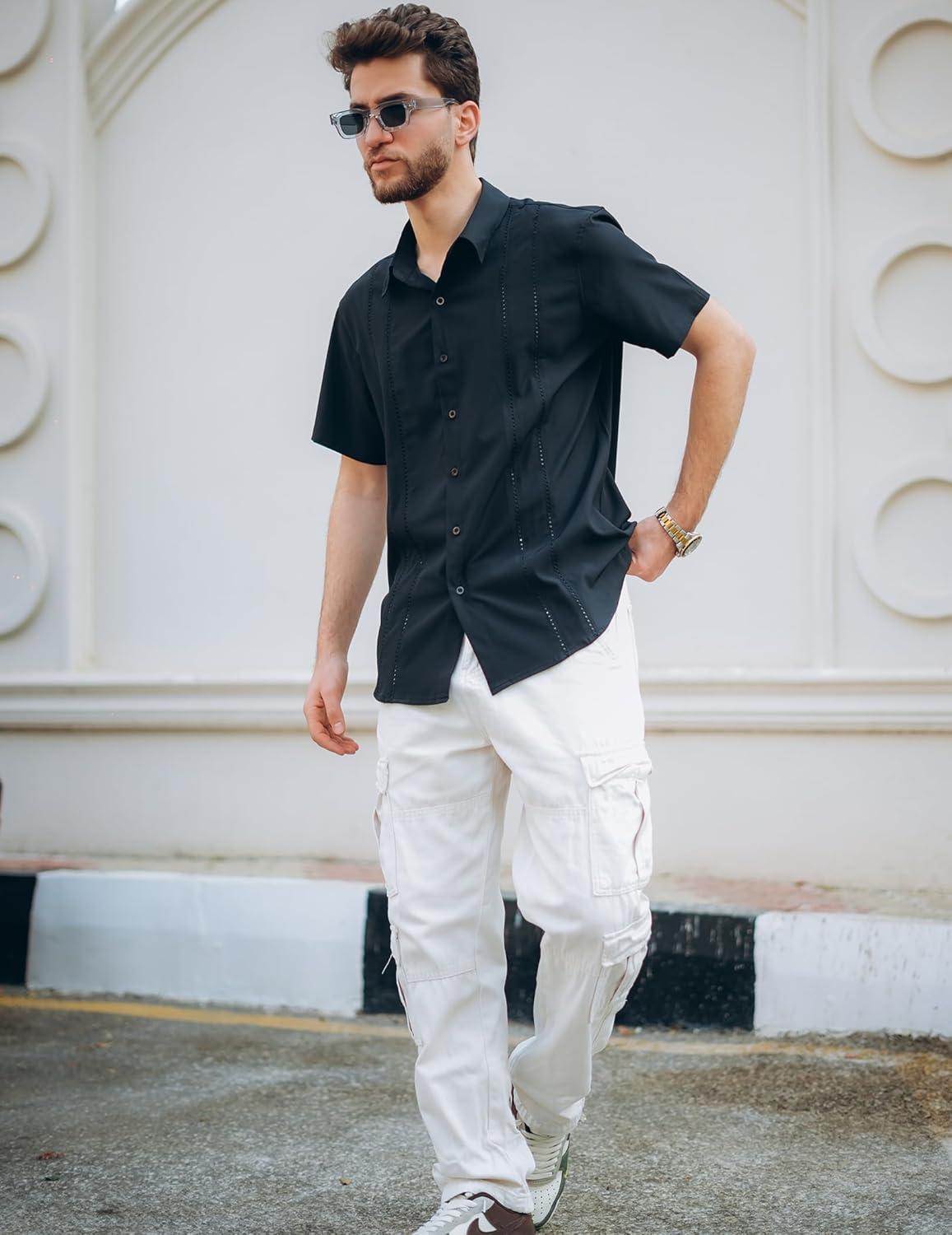 imageCOOFANDY Mens Cuban Guayabera Shirt Short Sleeve Button Down Shirts Summer Beach Vacation ShirtsBlack